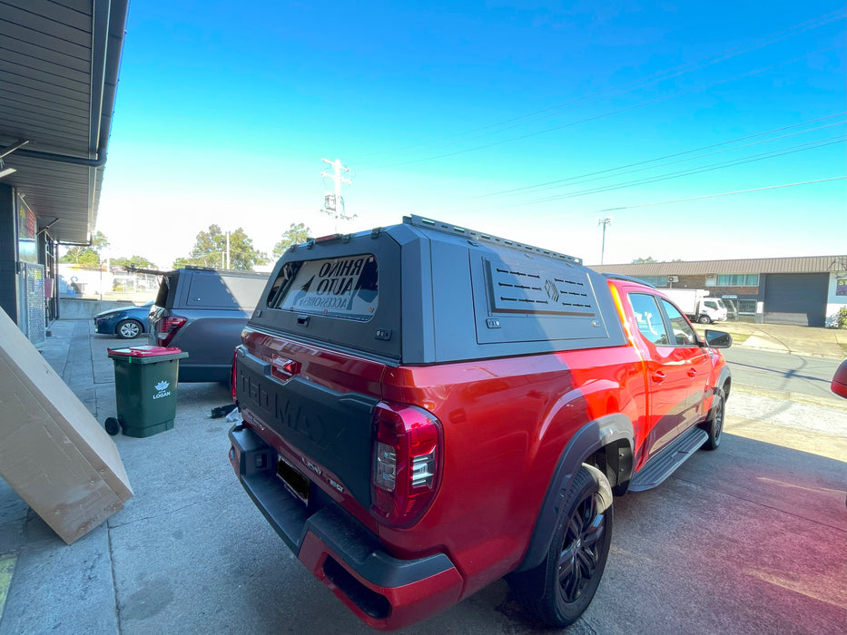 Side view of LDV T-60 Mega Tub canopy in black finish